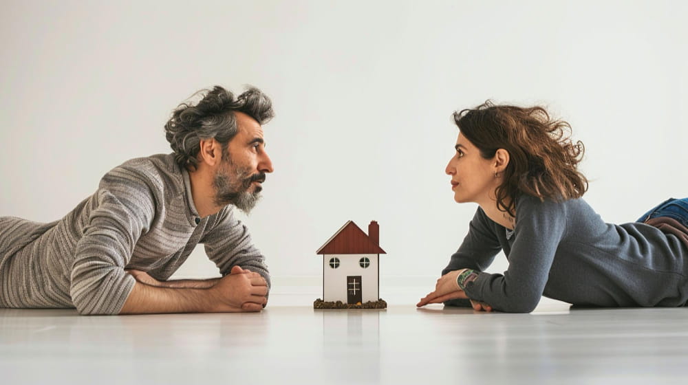 Couple allongé sur le sol, se regardant, avec une maison miniature entre eux, symbolisant le conflit de propriété lors d'un divorce