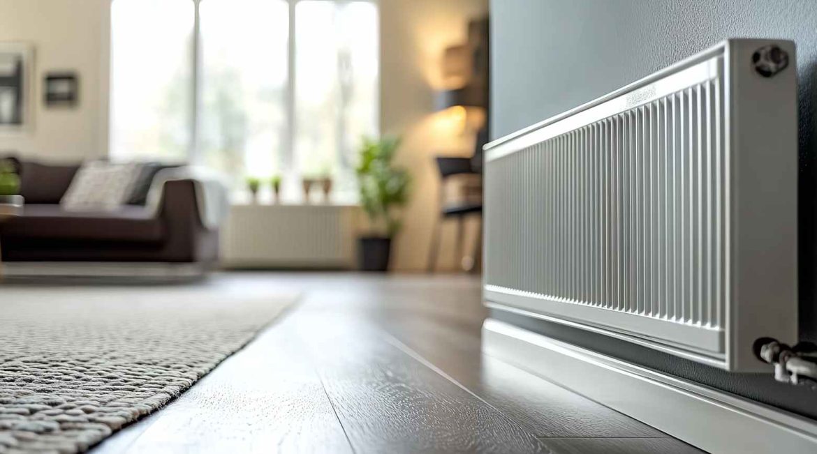 Un radiateur moderne installé dans un salon pour illustrer une panne chauffage central cause et solution.