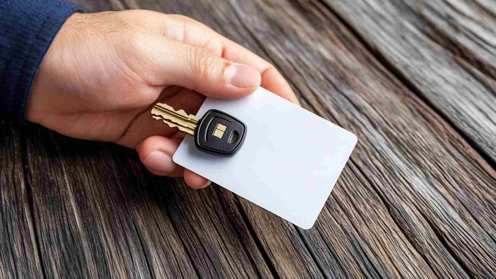 Une main tient une clé sécurisée et sa carte de propriété sur un fond en bois pour refaire une cle securisee carte de propriete serrurier paris.